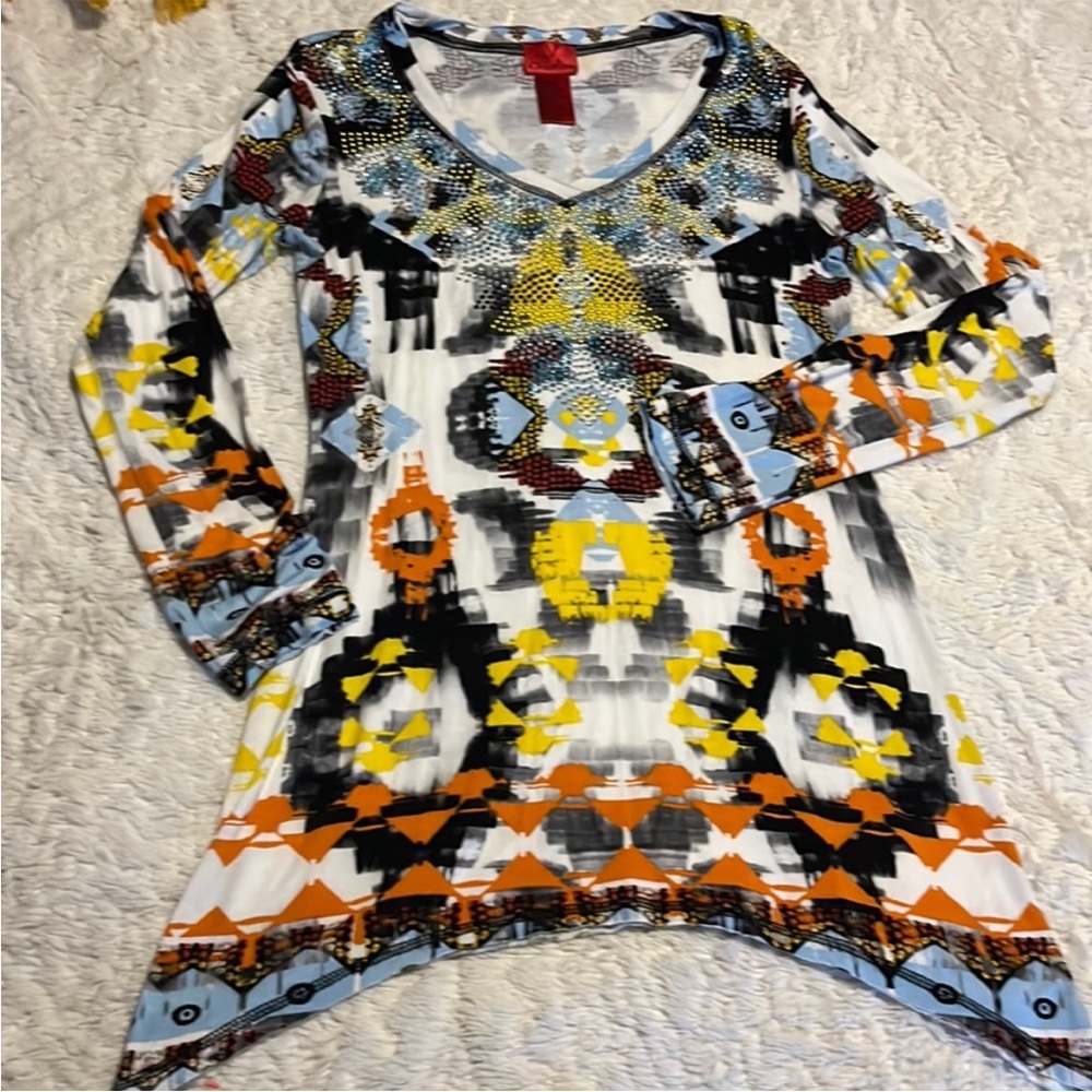 V Christina woman's tunic top. Size Small, tribal, beaded colorful Western